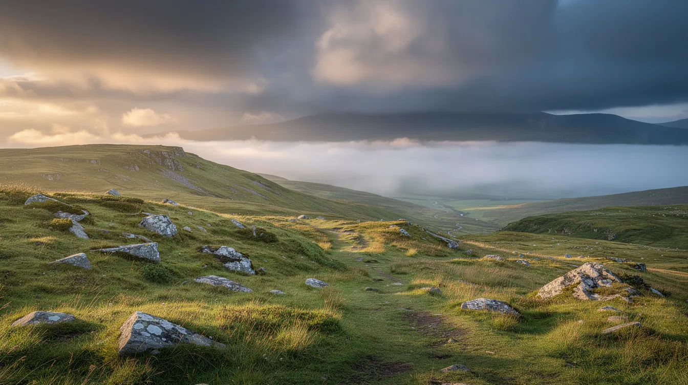 Die Weite der schottischen Hochlandlandschaft zeigt dramatische Himmel über grünen Hügeln, während ein nebliges Tal im Hintergrund eine mystische Atmosphäre schafft. Diese Kulisse erinnert an die epischen Schlachten und das Streben nach Freiheit, wie sie im Film "Braveheart" mit Figuren wie William Wallace und Robert the Bruce dargestellt werden.