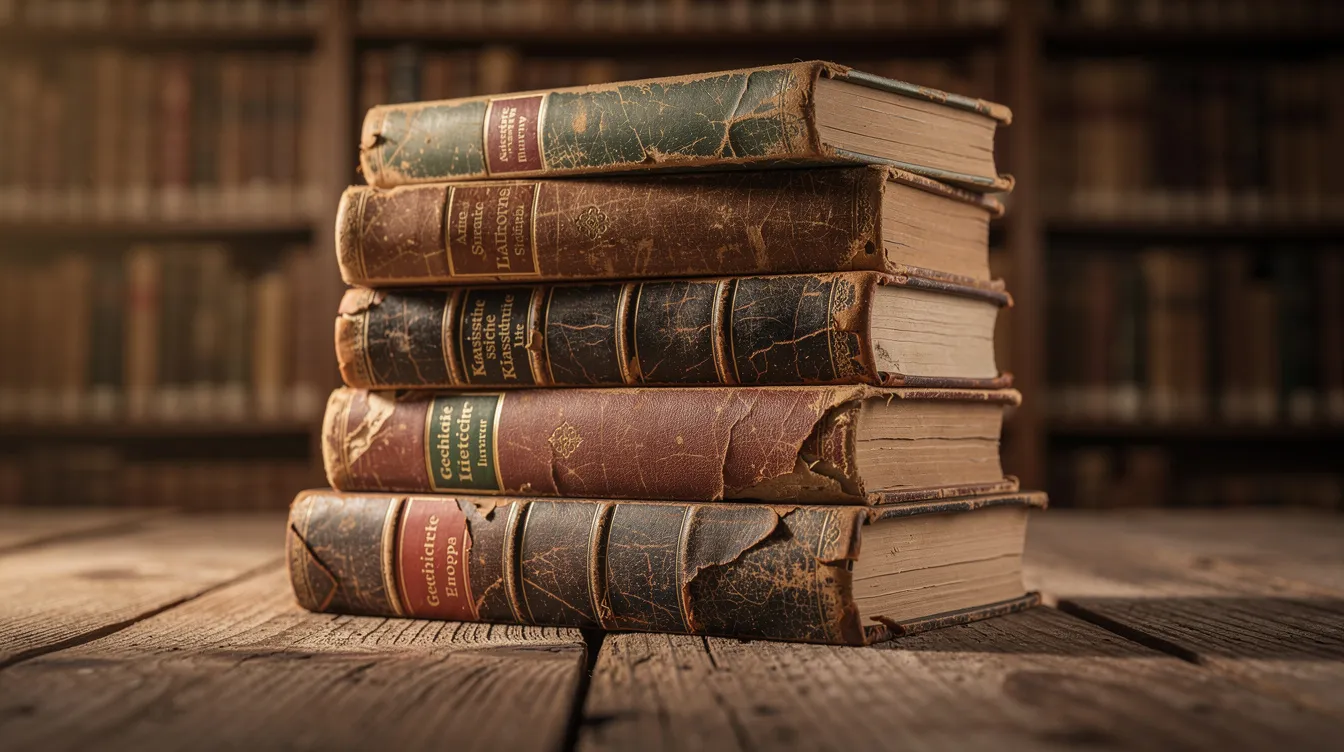 Auf einem Holztisch in einer warm beleuchteten Bibliothek liegen mehrere alte Bücher gestapelt, während im Hintergrund unscharfe Bücherregale zu sehen sind. Diese Szene könnte die Atmosphäre eines Deutschunterrichts widerspiegeln, in dem Themen wie Filmanalyse und die Werke von Autoren wie Wolfgang M. Schmitt behandelt werden.