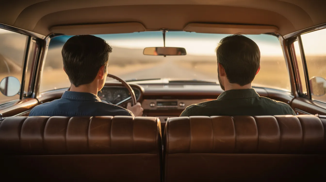 Die Rücksitzperspektive eines amerikanischen Oldtimers zeigt zwei Personen auf den Vordersitzen, die in ein intensives Gespräch vertieft sind. Die Szene erinnert an die Coolness und den Stil von Quentin Tarantinos „Pulp Fiction“, während die charakteristischen Details des Fahrzeugs eine nostalgische Atmosphäre schaffen.