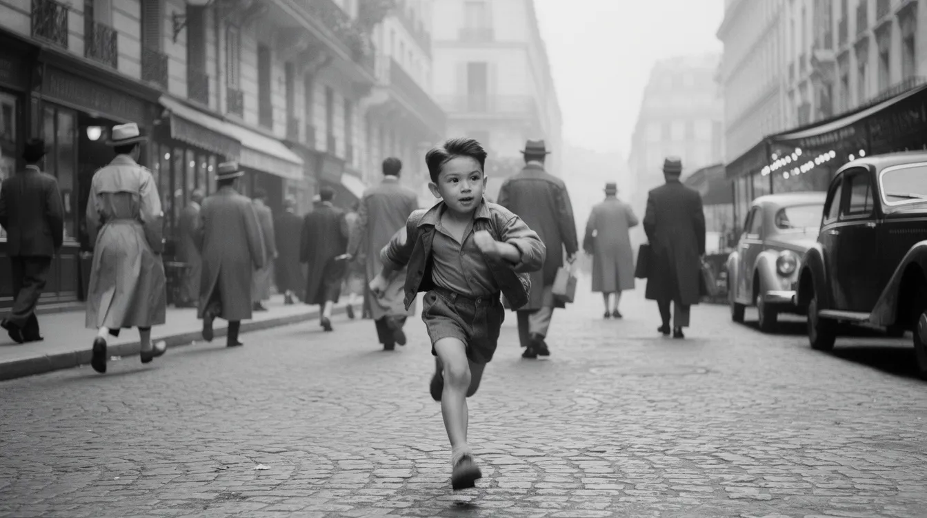 Ein Junge mit dunklem Haar, der an die Hauptfigur Antoine Doinel aus François Truffauts Klassiker „Les Quatre Cents Coups“ erinnert, läuft allein durch eine belebte Pariser Straße der 1950er-Jahre. Die Schwarz-Weiß-Atmosphäre zeigt Passanten im Hintergrund, die das geschäftige Treiben der Stadt widerspiegeln.