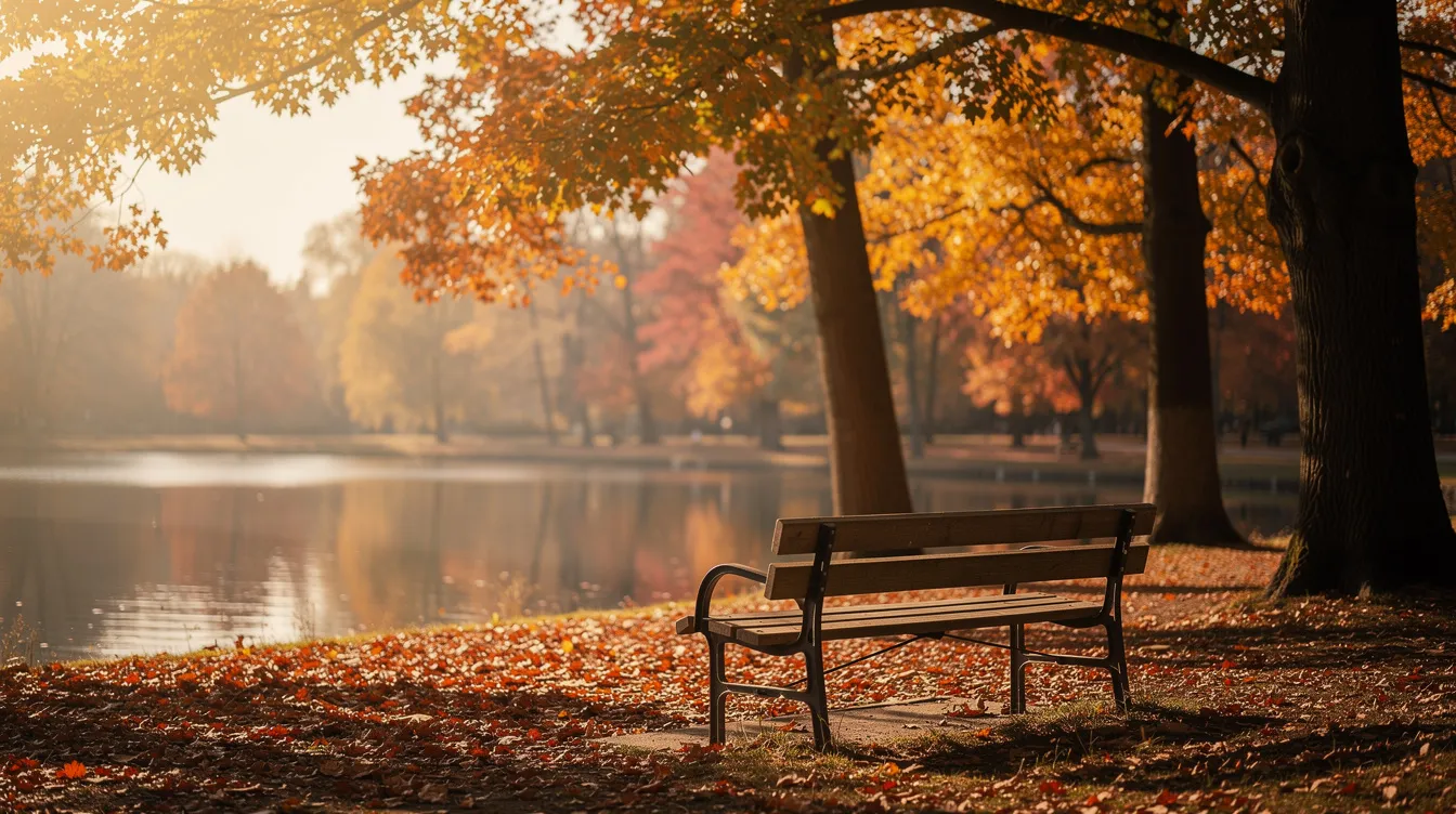 Eine einzelne Holzbank steht in einem herbstlichen Park, umgeben von Bäumen, die im goldenen Licht der Nachmittagssonne leuchten. Im Hintergrund glitzert ein ruhiger See, der die friedliche Atmosphäre dieses Ortes unterstreicht, an dem man über das Leben und die Themen aus Filmen wie "Good Will Hunting" nachdenken kann.