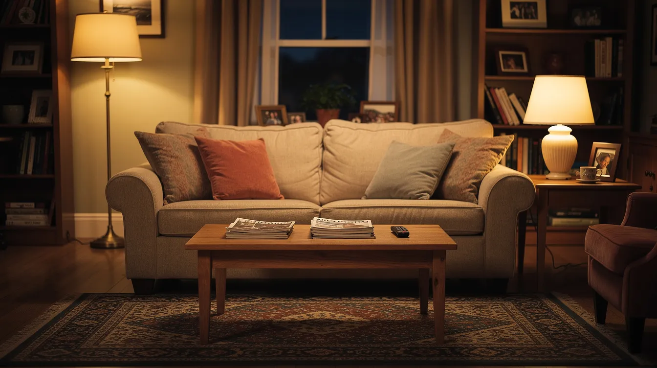 Das Bild zeigt ein gemütliches Wohnzimmer-Set, das perfekt für eine Sitcom ist, mit einem einladenden Sofa und einem Couchtisch. Die warme Beleuchtung schafft eine entspannte Atmosphäre, die ideal für eine Szene in einer "bottle episode" ist, in der die Charaktere in einem begrenzten Raum interagieren.