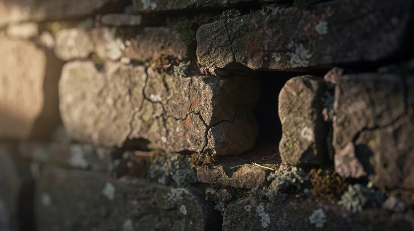 Die Detailaufnahme zeigt eine alte, verwitterte Steinmauer mit einer kleinen Öffnung, durch die warmes Licht strömt und eine geheimnisvolle Atmosphäre schafft. Diese Szene erinnert an die melancholischen Momente in Wong Kar Wais "In the Mood for Love", die von Einsamkeit und Sehnsucht geprägt sind.