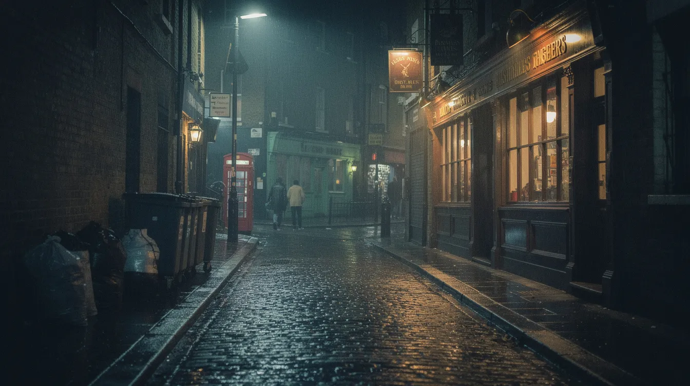 Die dunkle Londoner Gasse bei Nacht zeigt beleuchtete Pubfenster, die einladend wirken, während das nasse Kopfsteinpflaster die typische East-End-Atmosphäre der 1990er Jahre widerspiegelt. Die Szenerie erinnert an Filme von Guy Ritchie, in denen Kleinganoven und Pokerturniere zentrale Themen sind.