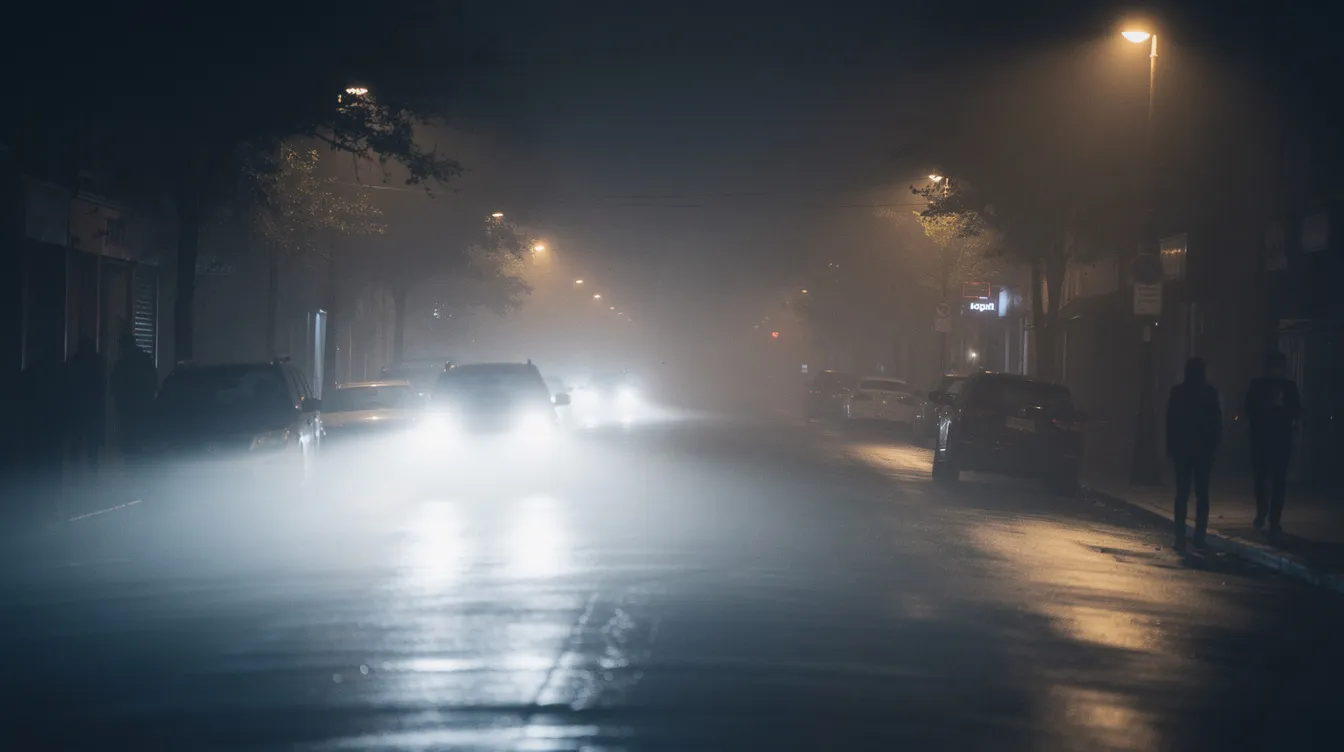 Die filmische Szene zeigt eine neblige Straße bei Nacht, auf der Autoscheinwerfer den Dunst durchdringen und Silhouetten am Straßenrand sichtbar sind. Diese Atmosphäre erinnert an die spannungsgeladene Handlung des Films "Hotel Ruanda", der die dramatischen Ereignisse während des Völkermords in Ruanda thematisiert.