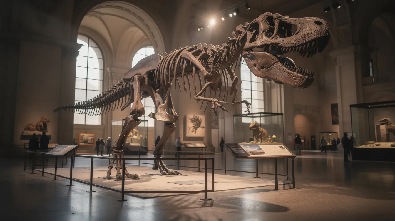 Das Bild zeigt ein beeindruckendes Dinosaurier-Skelett in einem Naturkundemuseum, umgeben von neugierigen Besuchern, die die Details des Skeletts bewundern. Im Hintergrund sind weitere Exponate zu sehen, die an die Welt von "Jurassic Park" erinnern und die Faszination für die prähistorischen Kreaturen unterstreichen.