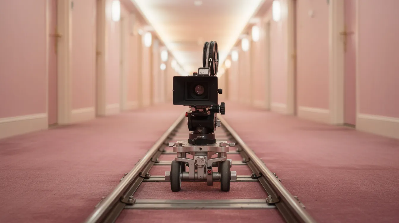 Die Aufnahme zeigt eine Filmkamera auf Dolly-Schienen, die in einem symmetrisch gestalteten Hotelflur positioniert ist, mit rosafarbenen Wänden und Teppichen, die an den Stil des "Grand Budapest Hotel" erinnern. Der Flur strahlt den charakteristischen Charme und die Ästhetik von Wes Anderson aus, die in vielen seiner Filme zu finden sind.