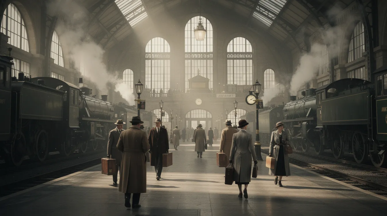 Die beeindruckende Bahnhofshalle im Stil der 1930er Jahre zeigt hohe Decken und Dampflokomotiven, während Reisende in Mänteln mit Koffern geschäftig umherlaufen. Diese Szenerie erinnert an die Atmosphäre von klassischen Gaunerkomödien wie "Der Clou", in denen Trickbetrüger und unerwartete Wendungen eine zentrale Rolle spielen.