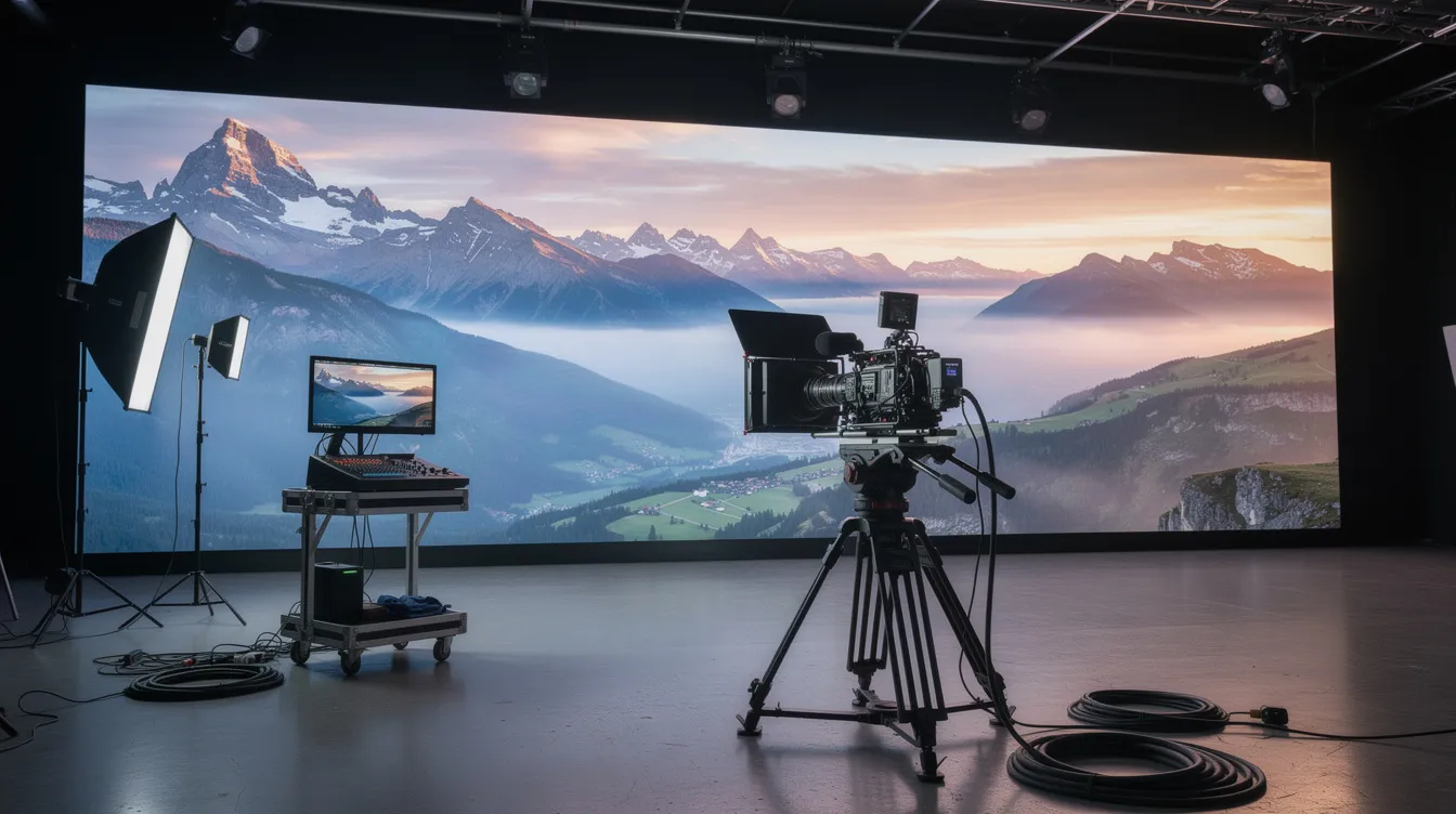 Eine große LED-Videowand in einem Filmstudio zeigt eine beeindruckende digitale Berglandschaft, während davor eine Kamera und technische Ausrüstung aufgestellt sind. Diese Szene vermittelt das Gefühl von Filmproduktion und kreativer Arbeit im Bereich der Medien.