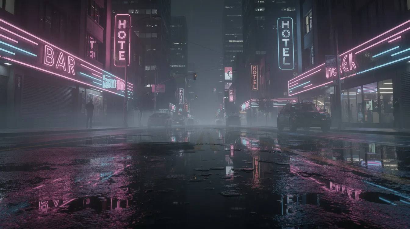 Eine regennasse Stadtstraße bei Nacht, beleuchtet von leuchtenden Neonreklamen in Pink und Blau, die sich auf dem glitschigen Asphalt spiegeln. Hohe Gebäude ragen im Hintergrund auf und schaffen eine dystopische Atmosphäre, die an einen klassischen Science-Fiction-Film erinnert.