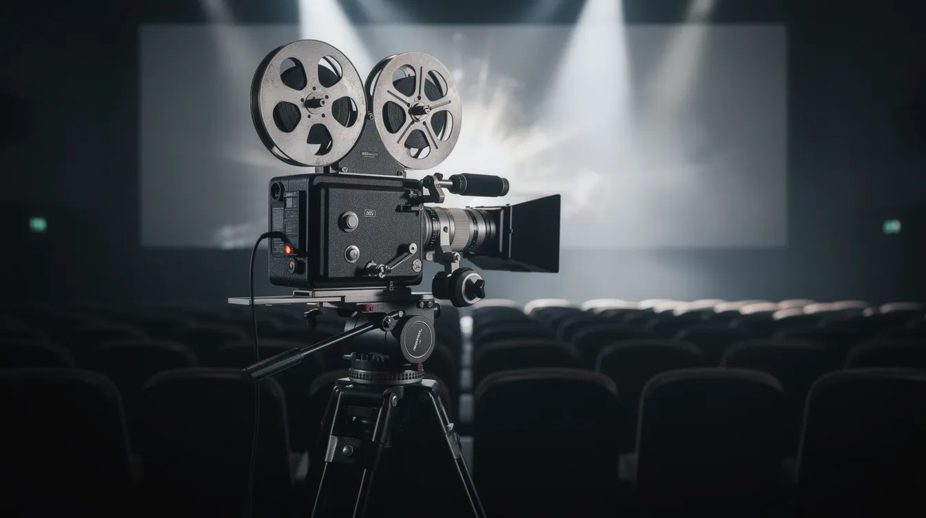 In einem dunklen Kinosaal steht eine Filmkamera auf einem Stativ, während im Hintergrund eine große Leinwand mit dramatischer Beleuchtung zu sehen ist. Diese Szene könnte als Huldigung an die Kunst des Films interpretiert werden, die die Bedeutung von künstlerischen Werken und Darbietungen würdigt.