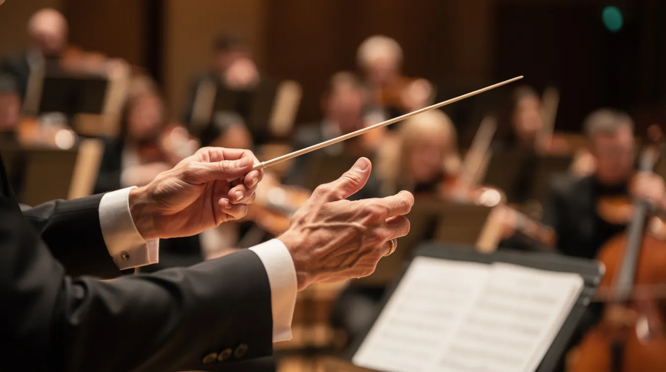 Die Hände eines Dirigenten halten einen Taktstock und dirigieren vor einem unscharfen Hintergrund eines Orchesters, das in warmem Bühnenlicht beleuchtet ist. Diese Szene vermittelt die Atmosphäre der Filmmusik, die oft mit Komponisten wie Ennio Morricone und den Filmen von Sergio Leone assoziiert wird.