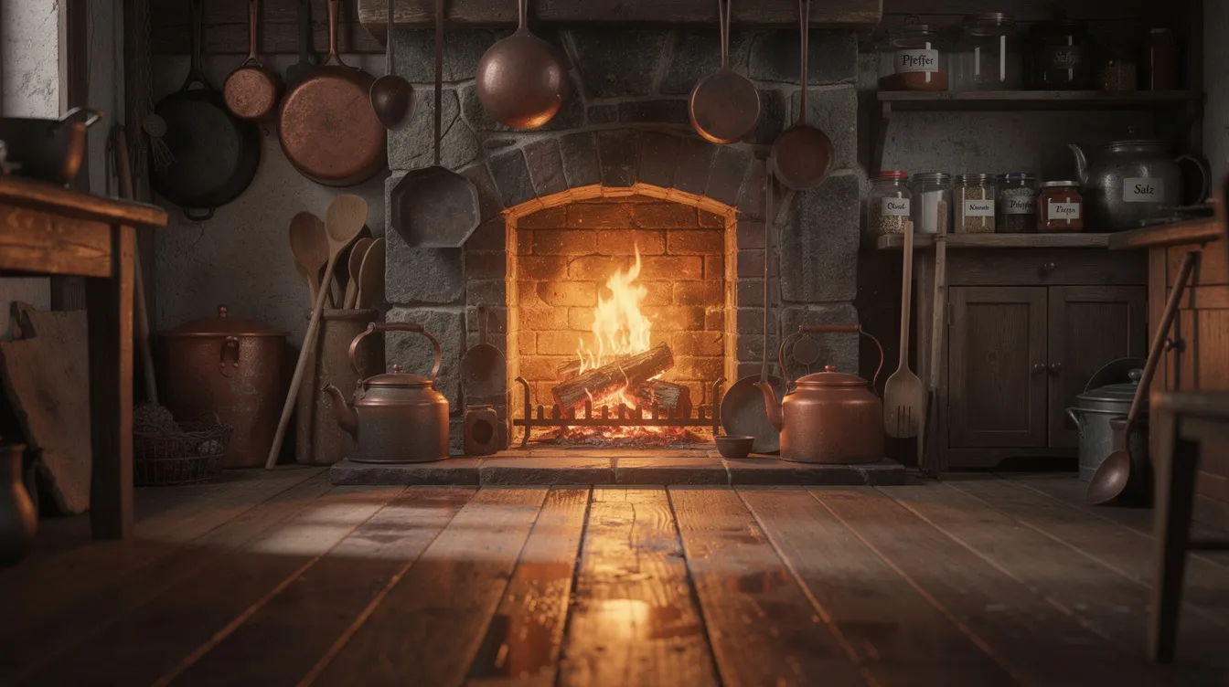 In einer engen Küche brennt eine kleine lebendige Flamme in einem alten Kamin, umgeben von verschiedenen Kochutensilien auf einem Holzboden. Diese gemütliche Kaminszene könnte direkt aus einem Film von Hayao Miyazaki stammen, der für seine fantastischen Welten und Charaktere bekannt ist, wie in "Das wandelnde Schloss".