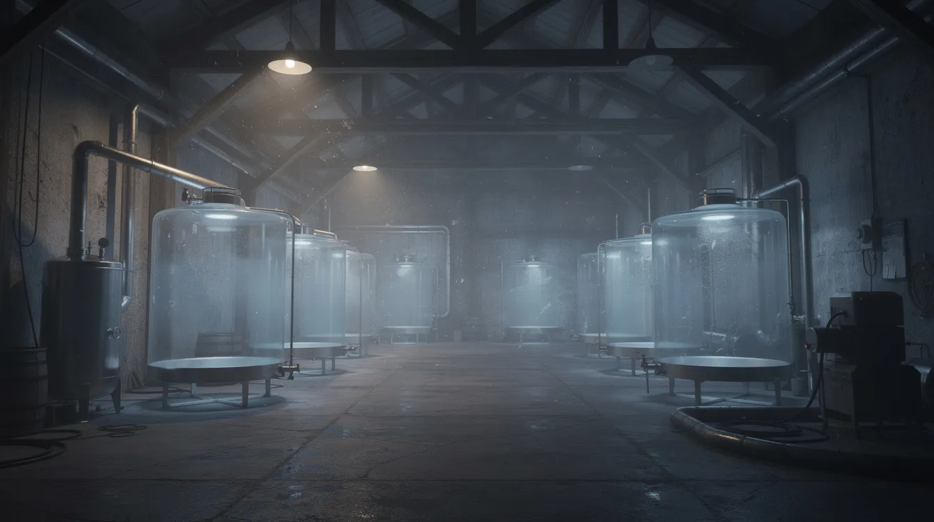 Die dunkle Lagerhalle ist mit mehreren großen Glastanks ausgestattet, die im schwachen bläulichen Licht schimmern und eine geheimnisvolle Atmosphäre schaffen. Staubpartikel schweben in der Luft und verstärken den industriellen Charme des Raumes, der an die Welt der Illusionisten und Magier erinnert, wie sie in Christopher Nolans Film "Prestige – Die Meister der Magie" dargestellt werden.