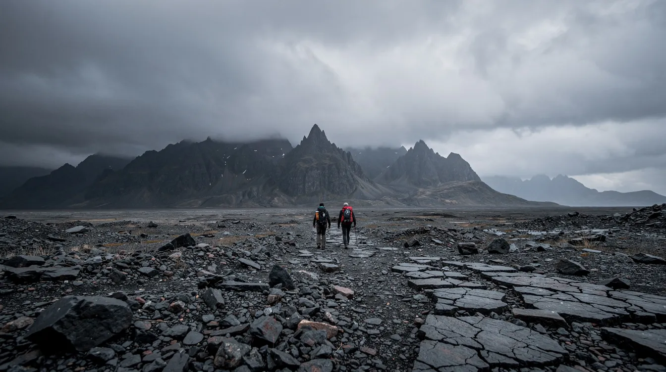 Zwei kleine Figuren, die an Hobbits erinnern, wandern durch eine karge, felsige Landschaft in Richtung eines düsteren Gebirgszugs, während schwerer Himmel über ihnen hängt. Diese Szene könnte aus "Der Herr der Ringe: Die zwei Türme" stammen, einem epischen Film von Peter Jackson.
