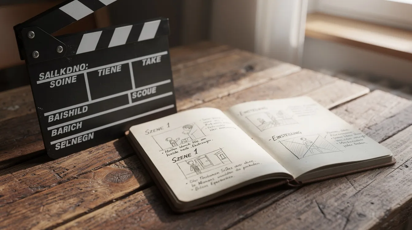 Auf einem Holztisch liegt eine Filmklappe neben einem aufgeschlagenen Notizbuch, das handgeschriebene Notizen und Skizzen zur Filmkonzeption enthält. Diese Anordnung symbolisiert den kreativen Prozess der Filmproduktion und die Entwicklung von Ideen für Geschichten und Inhalte.