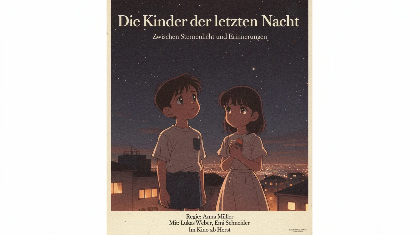 Das Bild zeigt eine Nachbildung eines japanischen Filmplakats im Anime-Stil der 1980er Jahre, auf dem zwei Kinder vor einem dunklen Nachthimmel stehen, der mit kleinen Lichtpunkten, reminiscent der letzten Glühwürmchen, geschmückt ist. Die warmen Farben und die melancholische Stimmung vermitteln die emotionale Tiefe des Films "Grave of the Fireflies" von Isao Takahata.