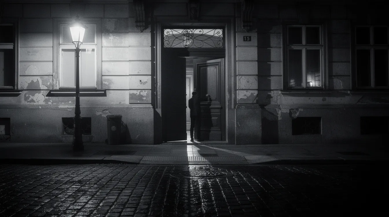 Die Silhouette eines Mannes steht in einem dunklen Wiener Hausportal bei Nacht, umgeben von einem dramatischen Licht-Schatten-Spiel im Stil des Film noir. Der nasse Kopfsteinpflasterboden reflektiert die düstere Atmosphäre, die an den Klassiker "Der dritte Mann" erinnert.