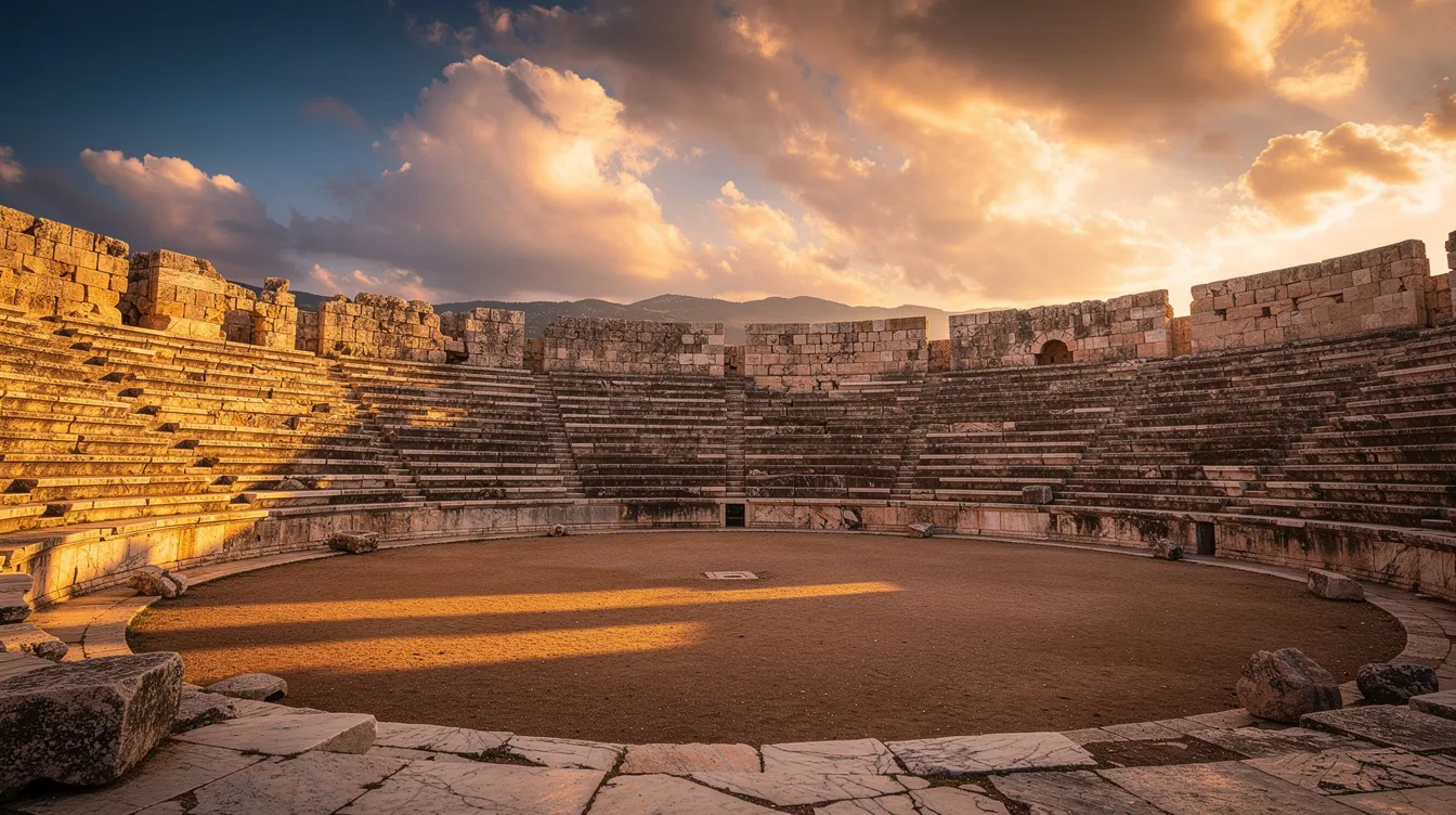 Das Panorama zeigt ein antikes Amphitheater bei einem goldenen Sonnenuntergang, mit leeren Rängen und einem staubigen Arenaboden. Der dramatische Himmel im Hintergrund erinnert an die epischen Kämpfe und Geschichten von Gladiatoren wie Maximus, die hier einst stattfanden.