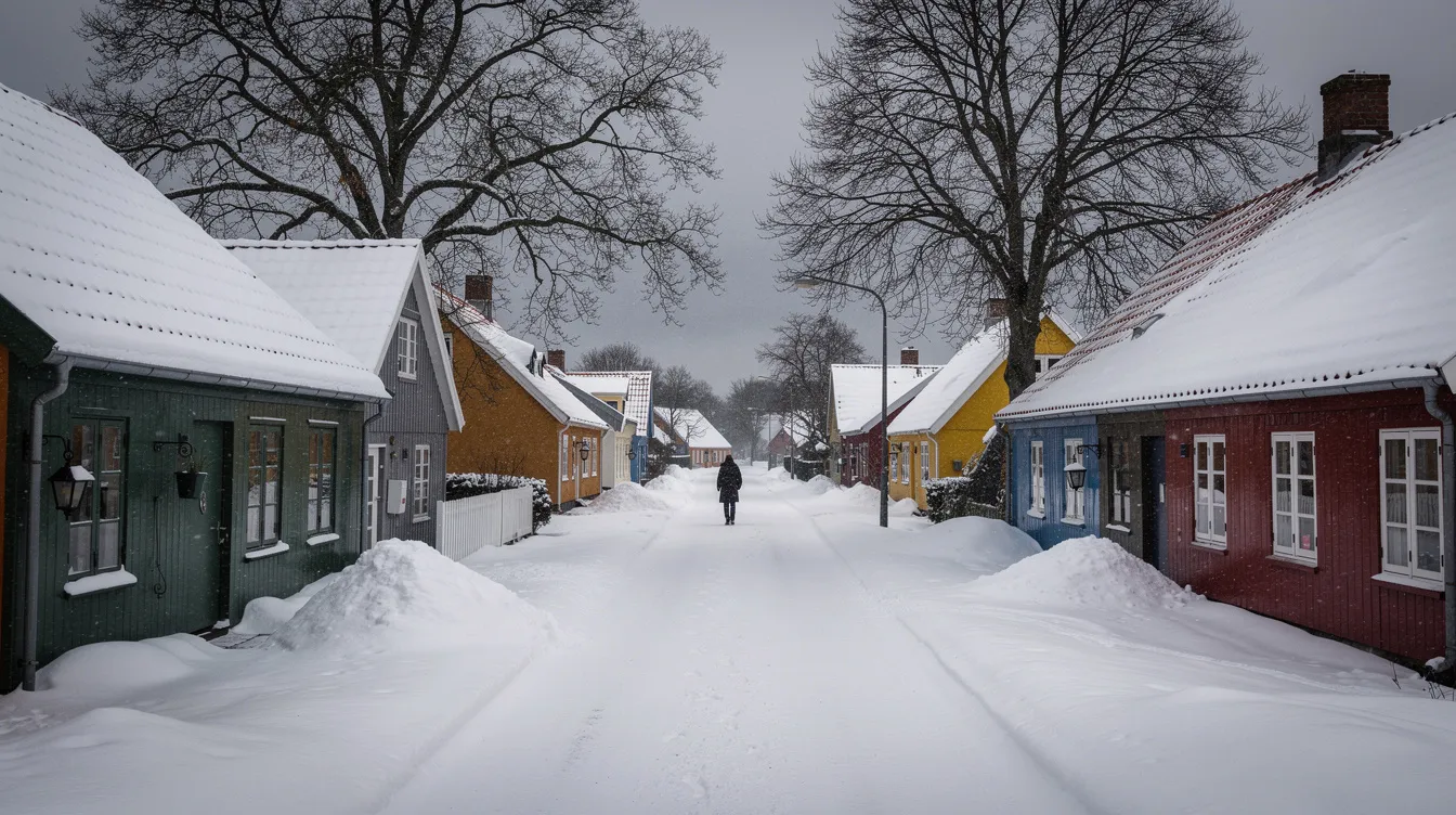 Die schneebedeckte Dorfstraße wird von kleinen dänischen Häusern gesäumt, während kahle Bäume unter einem grauen Himmel stehen. In der Ferne ist ein einzelner Fußgänger zu sehen, der durch die winterliche Landschaft schlendert, was eine ruhige und melancholische Stimmung vermittelt.