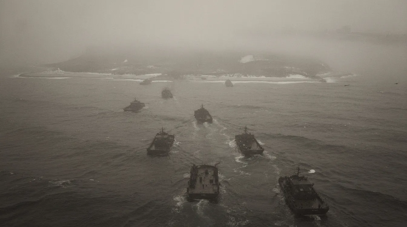 Die Luftaufnahme zeigt Landungsboote, die sich einer nebelverhangenen Küste nähern, in entsättigten braun-grauen Farben, was an die dramatische Atmosphäre des Films "Der Soldat James Ryan" erinnert. Diese historische Szenerie vermittelt das Gefühl der Invasion während des Zweiten Weltkriegs, ähnlich wie die berühmte Landung am Omaha Beach.