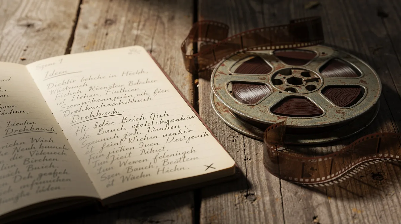 Auf einem Holztisch liegen ein Notizbuch mit handschriftlichen Notizen und eine alte Filmrolle. Diese Szene könnte an die Klassiker von Quentin Tarantino erinnern, wie "Pulp Fiction", und weckt Assoziationen zu den ikonischen Figuren wie Vincent Vega und Jules Winnfield.