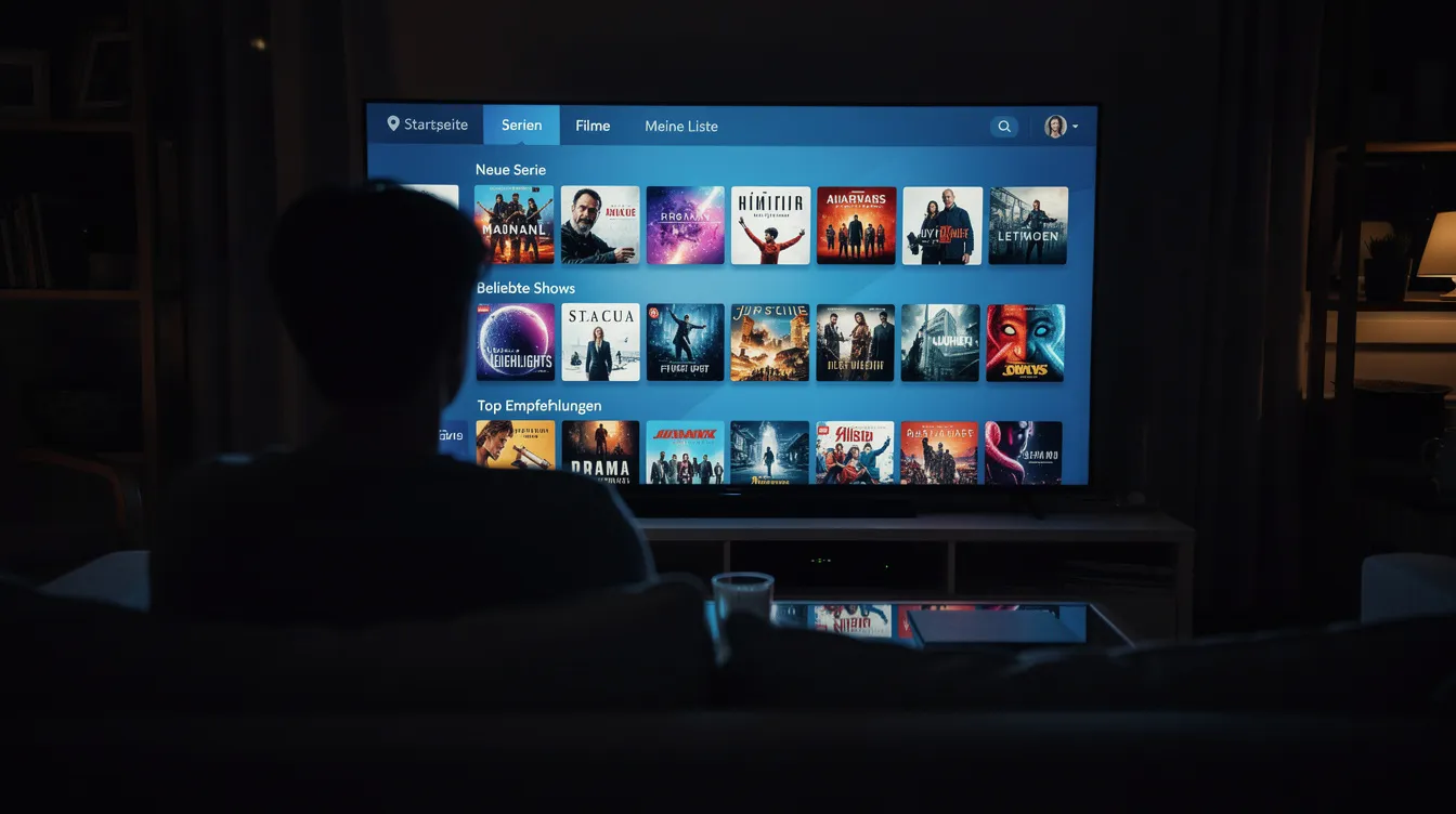 Eine Person sitzt in einem abgedunkelten Wohnzimmer vor einem großen Bildschirm, auf dem verschiedene Thumbnails von Serien in einem Streaming-Interface angezeigt werden. Die Auswahl umfasst bekannte Anthologieserien wie "True Detective" und "Black Mirror", die jeweils unterschiedliche Geschichten und Charaktere bieten.