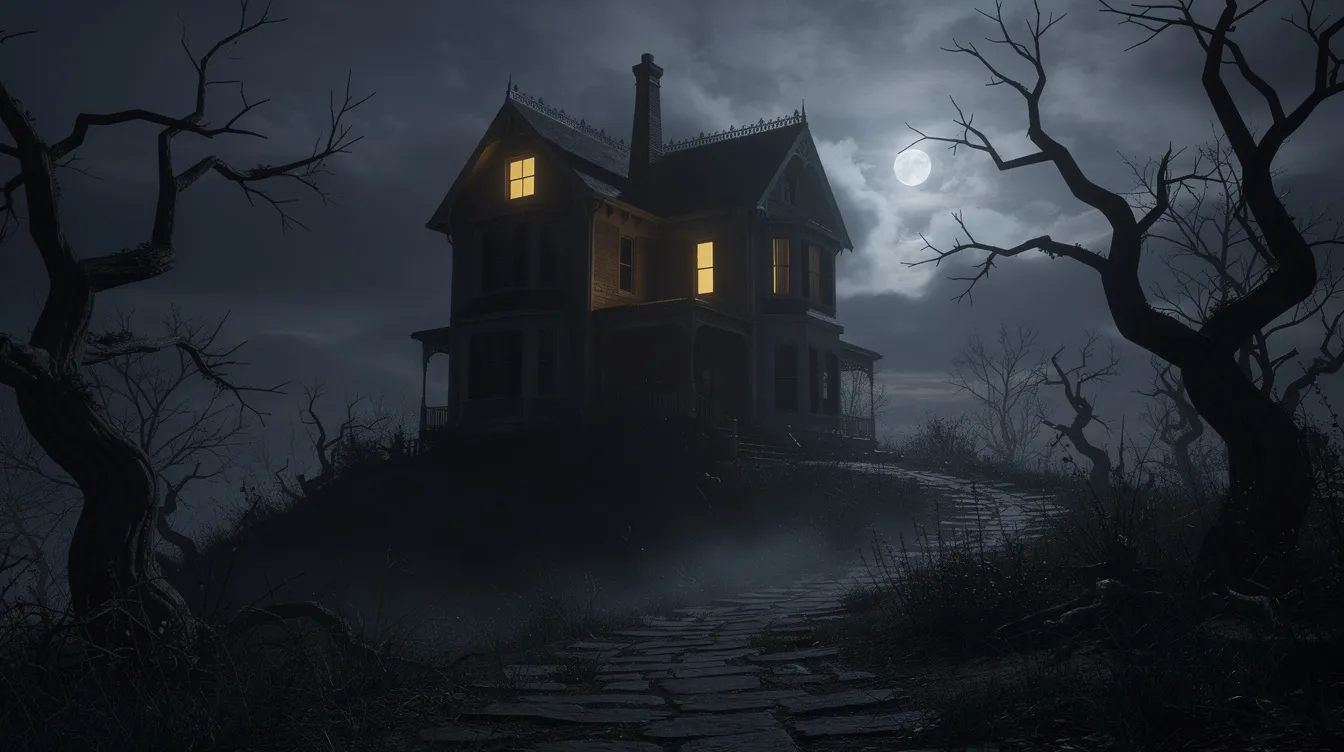 Das Bild zeigt ein unheimliches viktorianisches Haus, das auf einem Hügel bei Nacht thront. Ein einzelnes Fenster ist erleuchtet und wirft einen geheimnisvollen Schein auf die dunkle Silhouette des Gebäudes, das an die spannungsgeladenen Werke von Alfred Hitchcock erinnert.