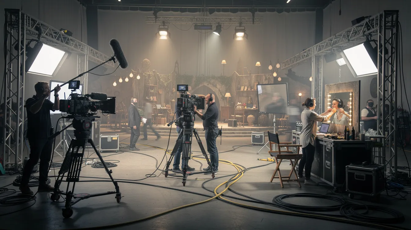 Das Bild zeigt ein geschäftiges Filmset, auf dem Kameras, Scheinwerfer und Kabel zu sehen sind. Crew-Mitglieder, darunter auch ein Executive Producer, arbeiten zwischen den Kulissen, um die Produktion einer neuen Serie zu unterstützen.
