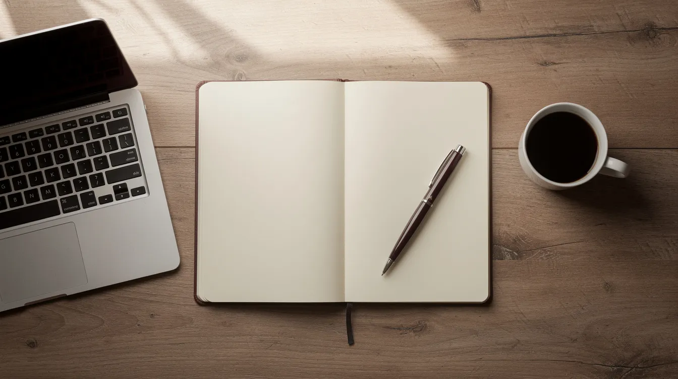 Auf dem Bild ist ein Schreibtisch aus der Vogelperspektive zu sehen, auf dem ein aufgeschlagenes Notizbuch, ein Stift, ein Laptop und eine Tasse Kaffee liegen. Diese Anordnung könnte den kreativen Prozess eines Filmanalysten darstellen, der sich mit Themen und Dialogen aus Klassikern wie "Pulp Fiction" beschäftigt.