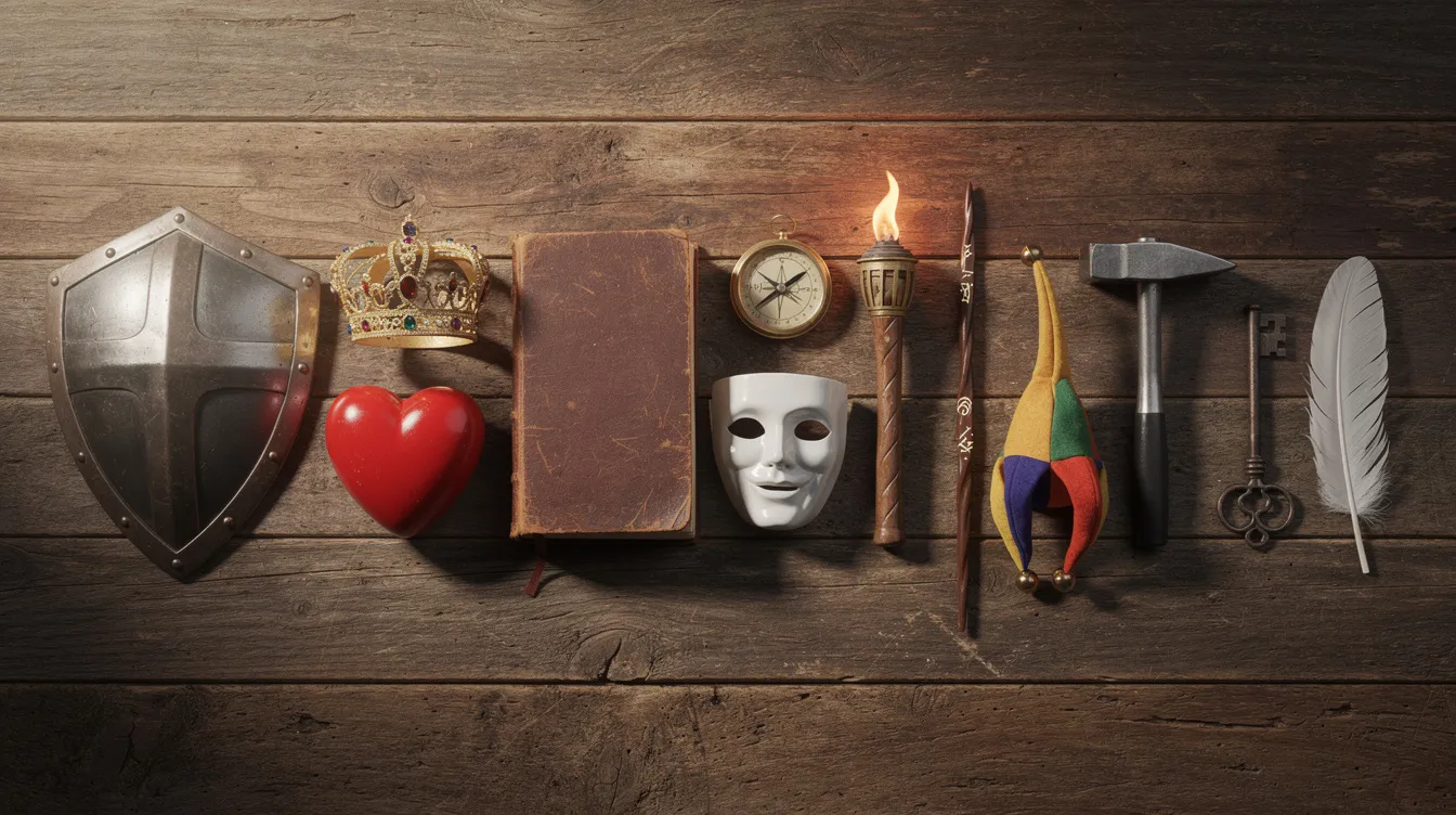 Auf einem Holztisch sind zwölf symbolische Gegenstände angeordnet: ein Schild, eine Krone, ein Herz, ein Buch, ein Kompass, eine Maske, eine Fackel, ein Zauberstab, eine Narrenmütze, ein Hammer, ein Schlüssel und eine Feder. Diese Objekte repräsentieren verschiedene Archetypen und Werte, die in Geschichten und Mythen eine zentrale Rolle spielen, und laden den Betrachter dazu ein, über die Heldenreise und die Persönlichkeiten, die sie verkörpern, nachzudenken.