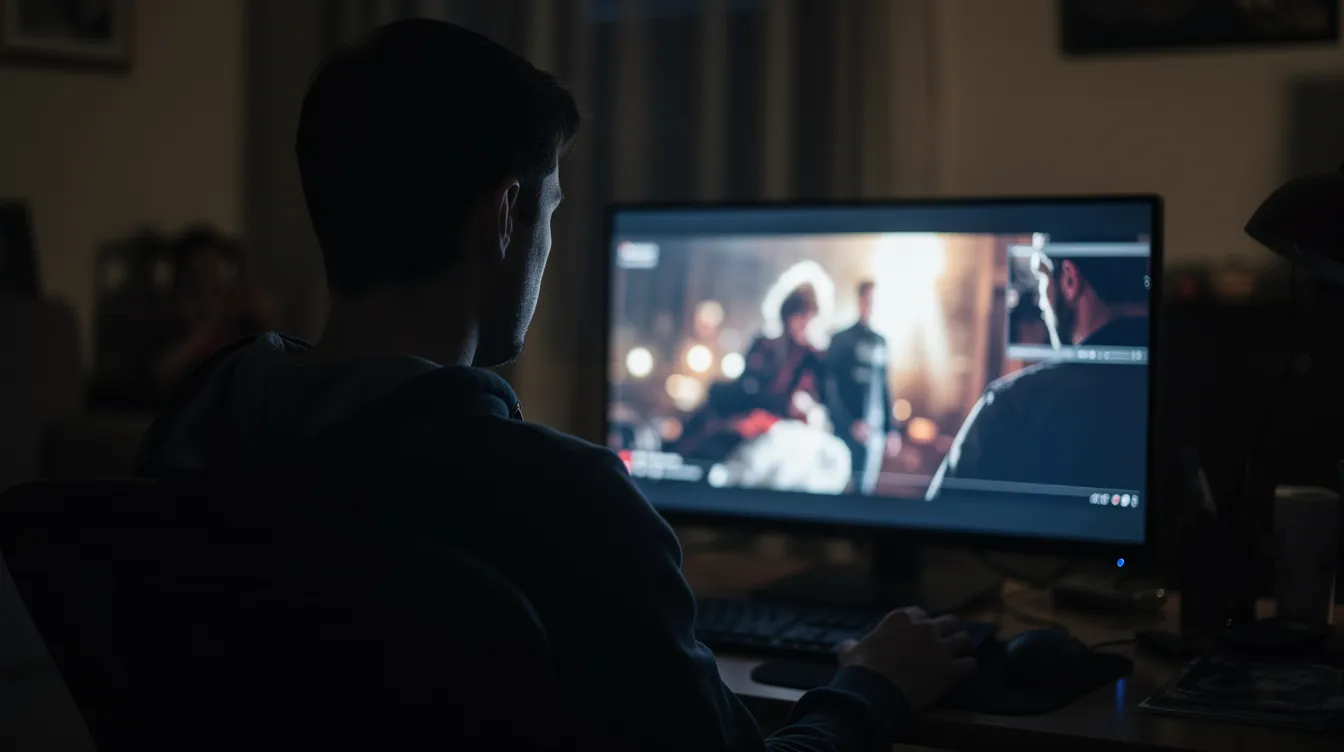 Eine Person sitzt in einem abgedunkelten Raum und betrachtet aufmerksam einen Film auf einem leuchtenden Bildschirm, während die Atmosphäre des Mystery-Thrillers „The Sixth Sense“ von M. Night Shyamalan spürbar ist. Der Zuschauer ist in die Geschichte um den Kinderpsychologen Malcolm Crowe und den Jungen Cole Sear vertieft, der die Fähigkeit hat, verstorbene Menschen zu sehen.