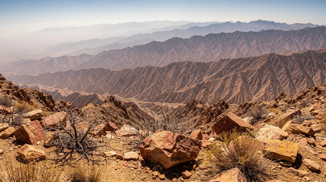 Die weite, karge Berglandschaft ähnelt der mexikanischen Sierra Madre, mit staubigen Felsen und trockenem Gestrüpp, die unter der gleißenden Sonne leuchten. Diese Umgebung könnte die Kulisse für das Abenteuer von Fred Dobbs und seinen Gefährten im "Schatz der Sierra Madre" sein.