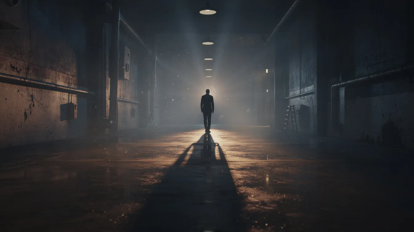 In einer dramatischen Filmszene schreitet eine einzelne Person durch einen dunklen Korridor, während lange Schatten auf den Wänden entstehen. Die atmosphärische Beleuchtung erzeugt eine Spannung, die auf ein bevorstehendes Ereignis hinweist und die Erzählung der Geschichte verstärkt.