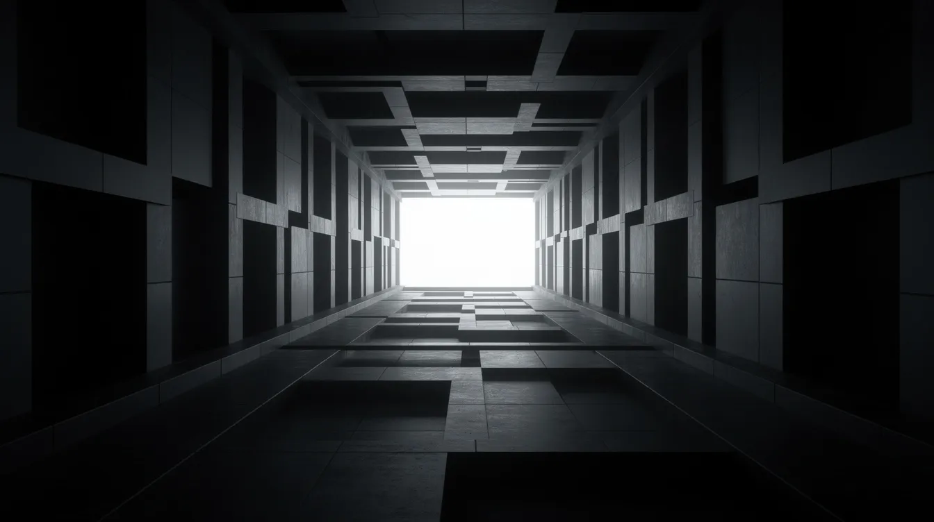 Das Bild zeigt einen dunklen Flur mit geometrischer Architektur, der durch harte Schatten geprägt ist. Am Ende des Flurs befindet sich eine einzelne Lichtquelle, die die strenge Symmetrie des Raumes betont und an die düstere Atmosphäre von Filmen wie "Se7en" erinnert.