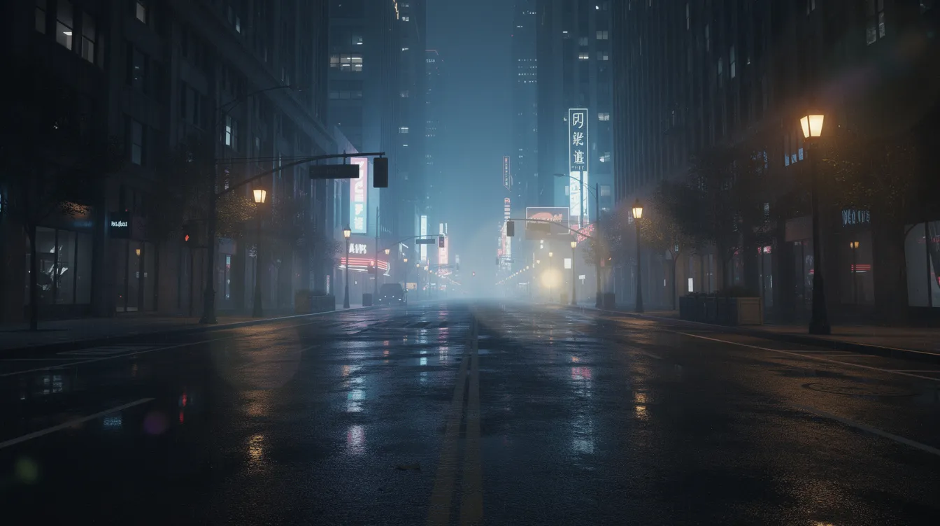 Die leere Großstadtstraße bei Nacht ist von einem geheimnisvollen blauen Lichtschimmer durchzogen, während vereinzelte warme Straßenlaternen eine melancholische Atmosphäre schaffen. Diese Szene erinnert an die düstere und traumhafte Welt von Stanley Kubricks Meisterwerk "Eyes Wide Shut", in dem die Protagonisten Bill und Alice Harford auf eine odysseeartige Reise durch die Geheimnisse der Gesellschaft gehen.