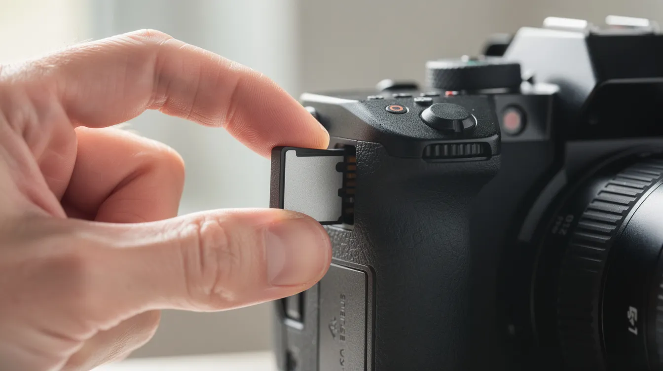 Eine Nahaufnahme zeigt eine Hand, die eine SD-Speicherkarte in den Kartenschacht einer spiegellosen Kamera einführt. Die Szene vermittelt den Moment, in dem die Speicherkarte, die für die Speicherung von Fotos und Videos in Digitalkameras verwendet wird, in das Gerät eingesetzt wird.