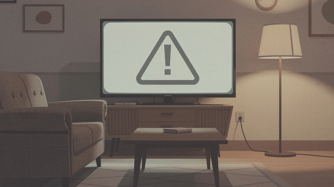 Das Bild zeigt einen stilisierten Fernseher mit einem Warndreieck-Symbol in gedämpften Farben, umgeben von einer nostalgischen Wohnzimmerszene, die ein Sofa und eine Lampe enthält. Diese Darstellung erinnert an eine „Very Special Episode“ aus Familien-Sitcoms der 90er Jahre, die häufig gesellschaftliche Themen ansprechen.