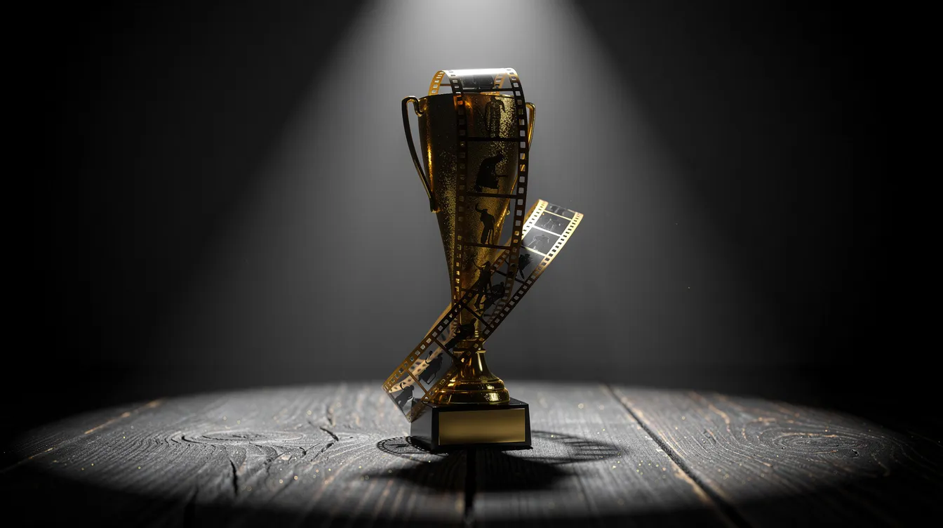 Eine goldene Filmtrophäe steht auf einem dunklen Holztisch und wird von einem einzelnen Spotlight beleuchtet. Die Schwarzweiß-Ästhetik verleiht dem Bild eine besondere Tiefe, während der Goldschimmer an die Auszeichnungen erinnert, die Filme wie "Schindlers Liste" erhalten haben.