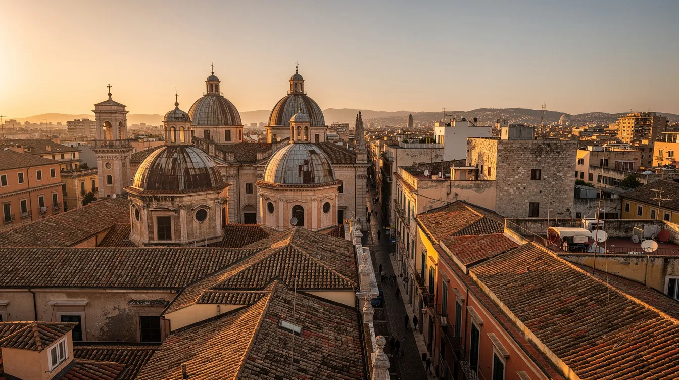 Der Panoramablick zeigt die Dächer einer mediterranen Großstadt, die im goldenen Abendlicht erstrahlen. Kuppeln und antike Bauwerke verleihen der Szene eine märchenhafte Atmosphäre, die an die Romantik von "Roman Holiday" erinnert.