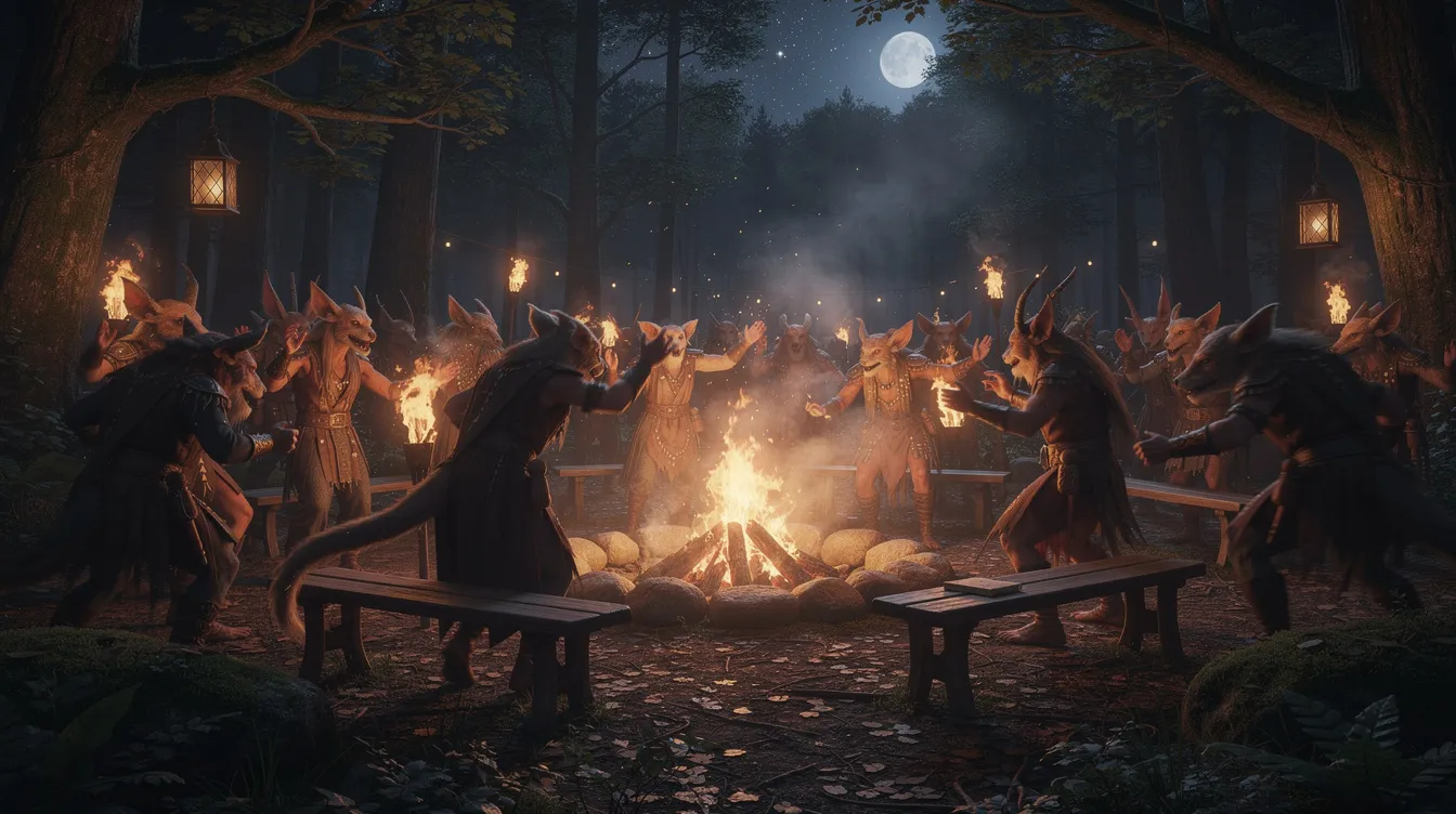 Die Szene zeigt eine nächtliche Feier im Wald, bei der verschiedene Wesen und Menschen unter warmem, orangefarbenem Licht tanzen und feiern. Fackeln und Feuer sorgen für eine festliche Atmosphäre, die an die bunten Zusammenkünfte in der "Rückkehr der Jedi-Ritter" erinnert.