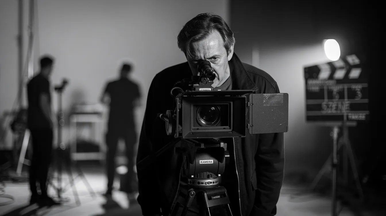 Das Schwarzweißporträt zeigt einen konzentrierten Filmregisseur, der hinter einer Filmkamera steht und durch den Sucher blickt, während im Hintergrund ein abgedunkeltes Filmset zu sehen ist. Diese Szene vermittelt die Leidenschaft und den Perfektionismus, die typisch für die Arbeit eines Filmemachers wie Stanley Kubrick sind.