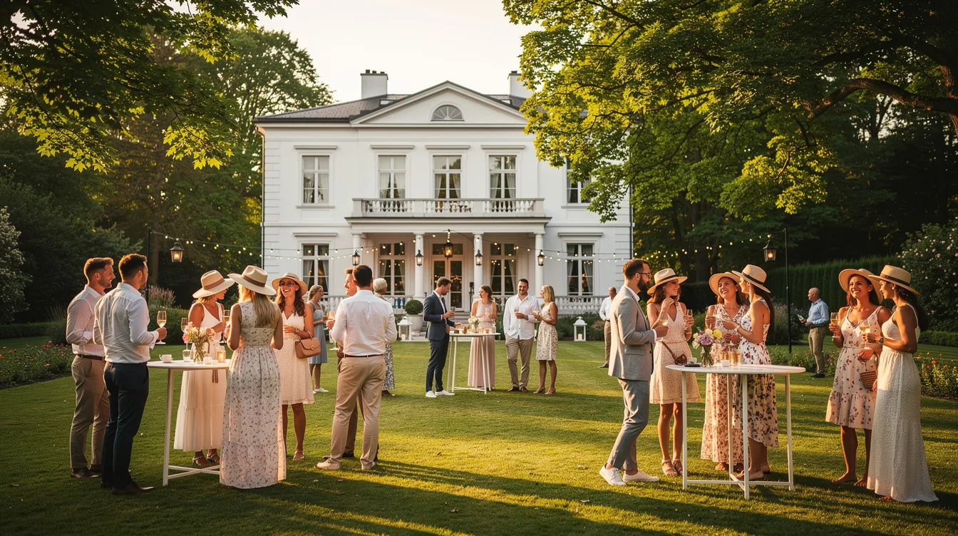 Die elegante Gartenparty findet auf einem weitläufigen Rasen vor einer großen weißen Villa statt, wo Gäste in sommerlicher Kleidung in Gruppen zusammenstehen und sich unterhalten. Der Anlass strahlt eine festliche Atmosphäre aus, während die Sonne auf die fröhlichen Gesichter der Anwesenden scheint.