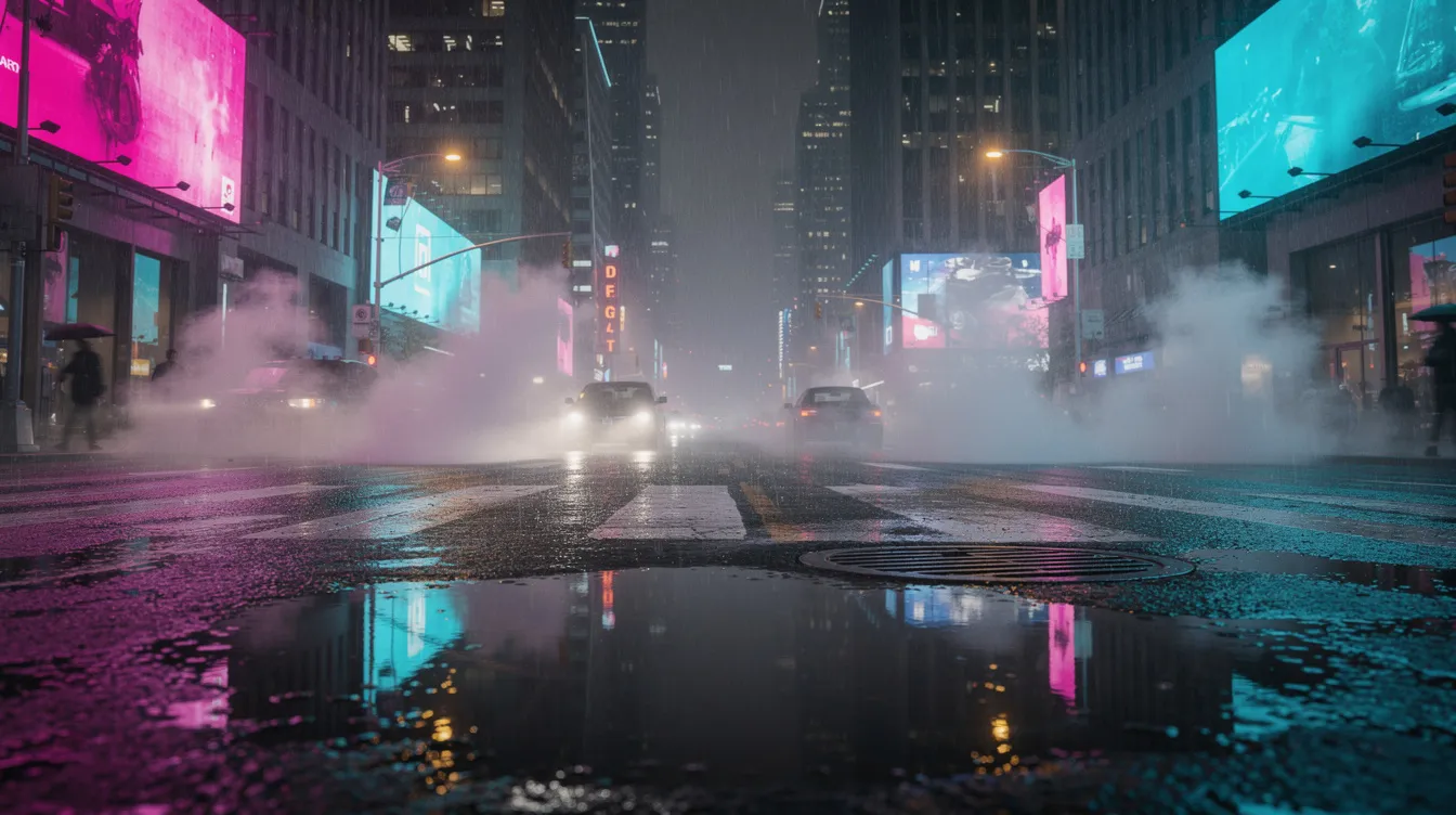 Die regnerische Großstadtstraße bei Nacht zeigt schimmernde Pfützen auf dem Asphalt, während Neonreklamen in der Dunkelheit leuchten und Dampfschwaden zwischen den Hochhäusern aufsteigen, was an dystopische Filme wie "Blade Runner" oder "Children of Men" erinnert. Diese futuristische Szene vermittelt ein Gefühl von Einsamkeit und der Herausforderungen der Menschheit in einer dystopischen Zukunft.