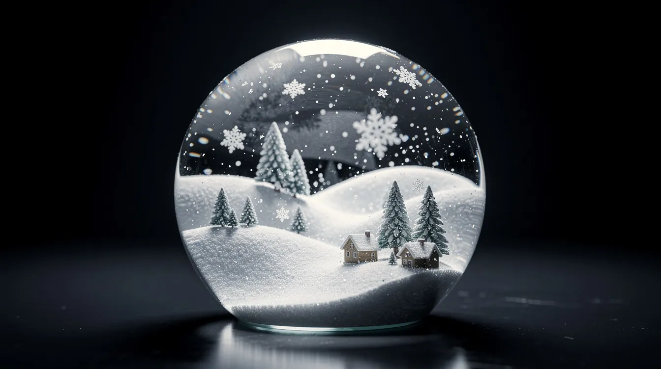 Die Nahaufnahme zeigt eine gläserne Schneekugel mit einer kleinen winterlichen Landschaft, die durch dramatisches Licht auf einem dunklen Hintergrund hervorgehoben wird. Diese Szene könnte an die symbolische Bedeutung von "Rosebud" aus dem Klassiker "Citizen Kane" erinnern, der sich mit Themen wie Erfolg und Verlust auseinandersetzt.