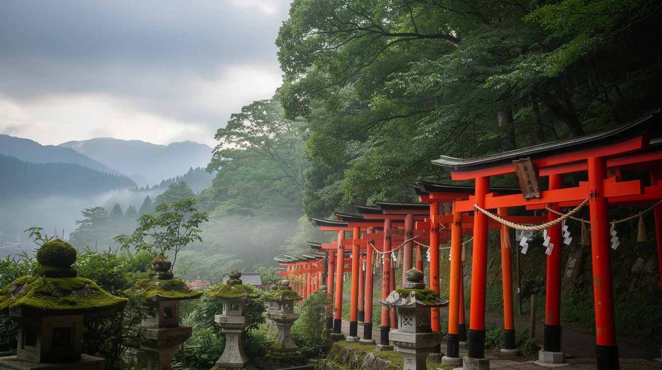 Das Bild zeigt einen traditionellen japanischen Schrein, der von leuchtend roten Torii-Toren umgeben ist. Dichte grüne Bäume rahmen die Szene ein, während im Hintergrund neblige Berge zu sehen sind, die eine mystische Atmosphäre schaffen.