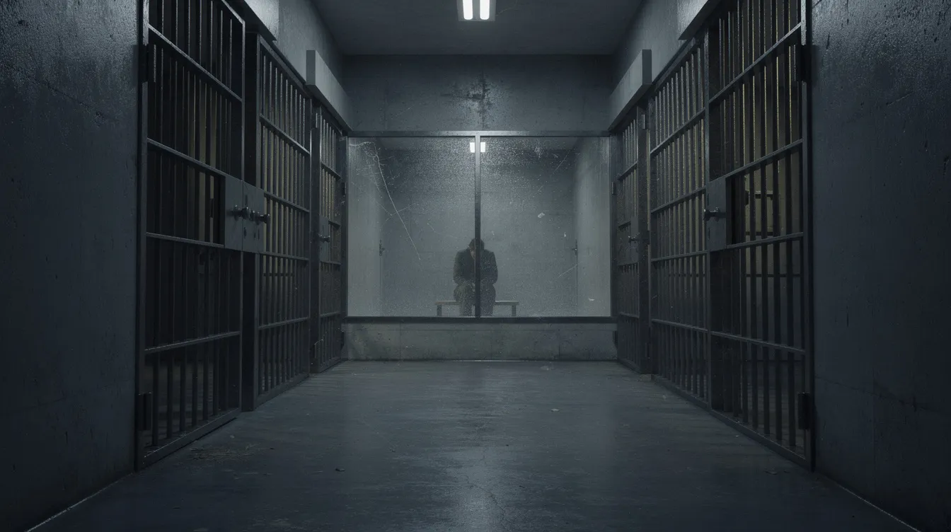 Der düstere Gefängniskorridor mit gedämpftem Licht und Gitterstäben führt zu einer Glasscheibe, hinter der eine geheimnisvolle Gestalt sitzt, die an Dr. Hannibal Lecter aus "Das Schweigen der Lämmer" erinnert. Die Atmosphäre ist angespannt und vermittelt das Gefühl von Isolation und Bedrohung.