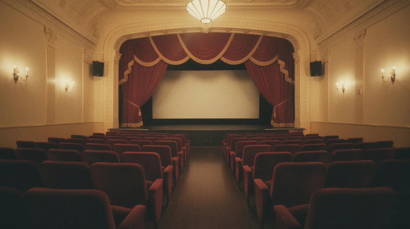 Das Bild zeigt ein klassisches Kino der 1950er Jahre mit einer großen Leinwand, einem roten Samtvorhang und warmem Licht, das eine einladende Atmosphäre schafft. Die Sitzreihen sind ordentlich angeordnet und laden die Zuschauer ein, die besten Filme dieser Dekade zu genießen.