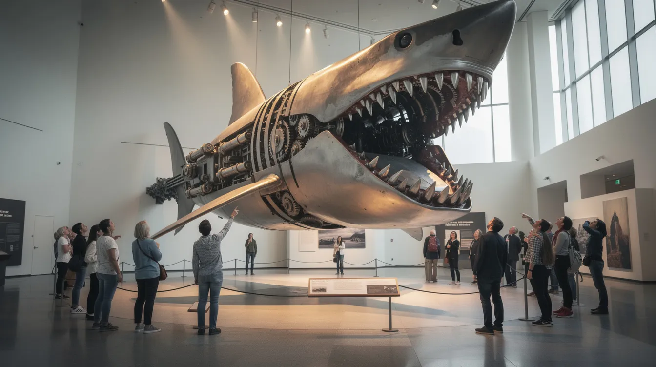 Eine große mechanische Hai-Skulptur, die den weißen Hai aus dem berühmten Film "Der weiße Hai" darstellt, steht im Museum mit geöffnetem Maul und sichtbaren Zähnen. Um sie herum stehen staunende Besucher, die fasziniert nach oben blicken und sich an die spannenden Szenen aus dem Blockbuster erinnern, während die Atmosphäre des Schreckens und der Jagd auf das Tier spürbar ist.