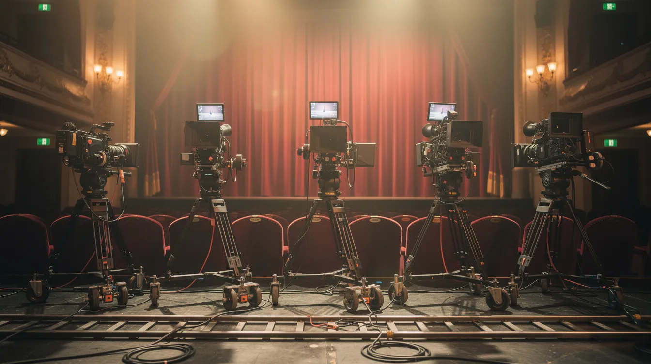 In einem großen Theater stehen mehrere Filmkameras auf Stativen und Schienen, während im Hintergrund ein roter Samtvorhang zu sehen ist. Das warme Bühnenlicht beleuchtet die Szene, die an eine beeindruckende Stage Performance erinnert, wie sie in Musicals wie "Hamilton" zu erleben ist.